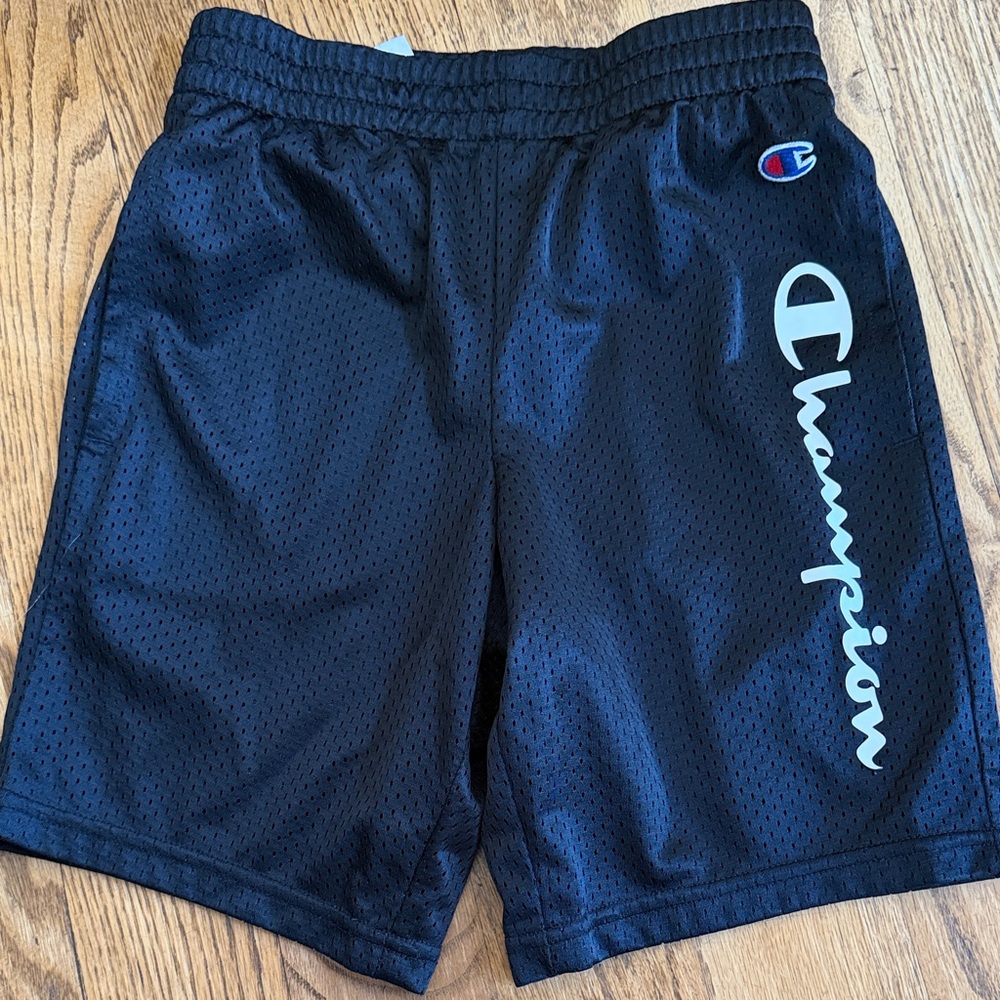 Boys Champion Black Mesh Athletic Shorts with White Script